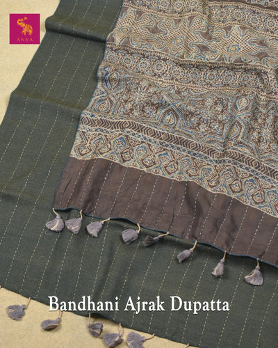 Grey Modal Ajrak Cotton Linen Bhandhini Print Dual Side Dupatta