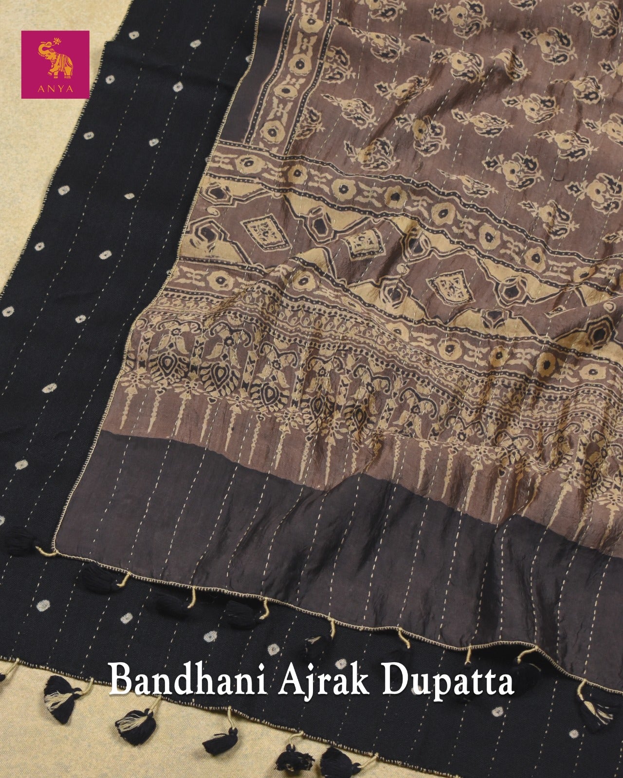 Grey Modal Ajrak Cotton Linen Bhandhini Print Dual Side Dupatta