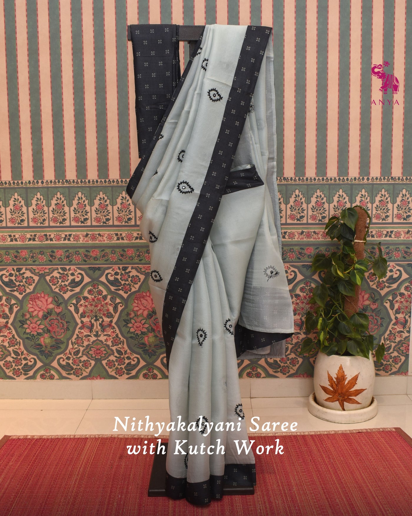 Grey Organza Saree with Black Kutch Work Design
