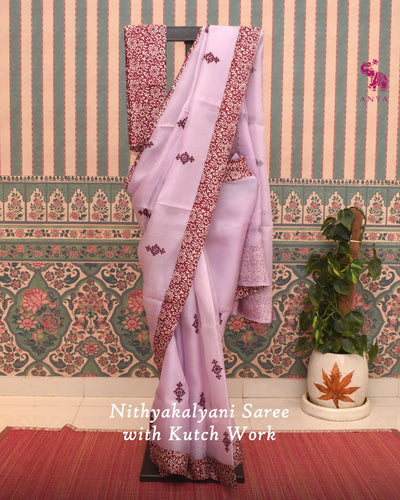 Lavender Organza Saree with Maroon Kutch Work Design
