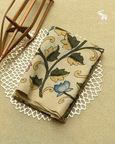 Off White Pen Kalamkari Kanchi Silk Fabric
