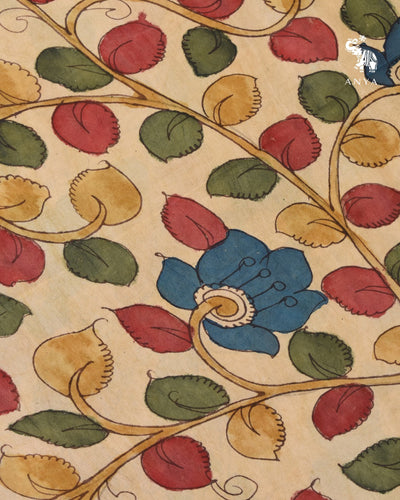 Off White Pen Kalamkari Kanchi Silk Fabric