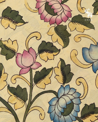 Off White Pen Kalamkari Kanchi Silk Fabric