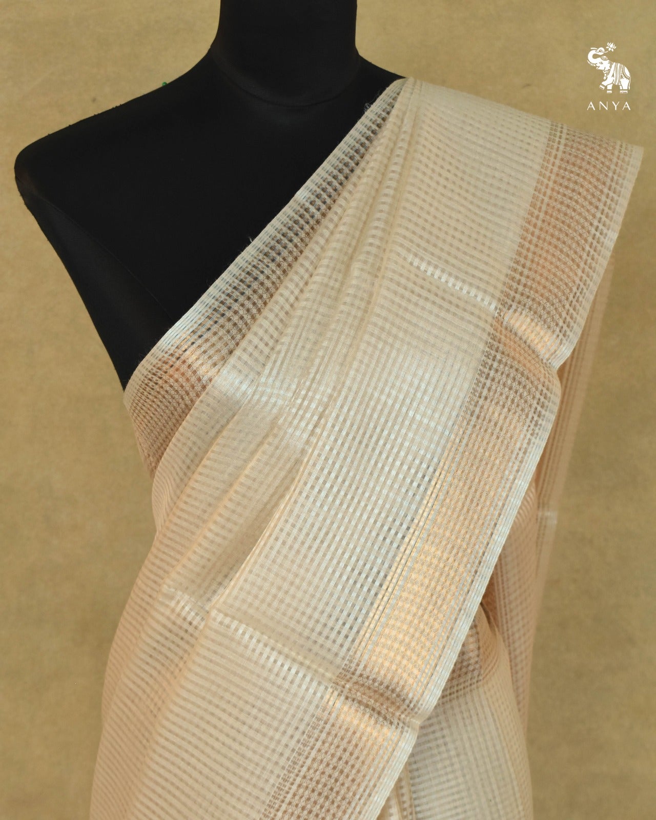 Off White Tussar Silk Saree with Small Zari Kattam Design