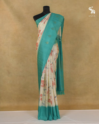 Off White Eco Print Kanchi Silk Saree