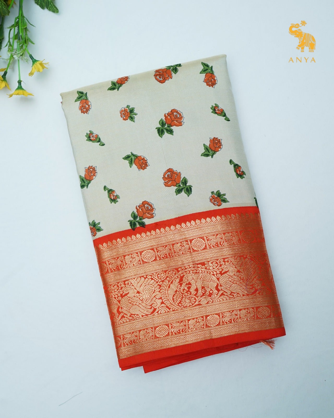 Pastel Green Printed Kanchi Silk Saree with Floral Printed Design