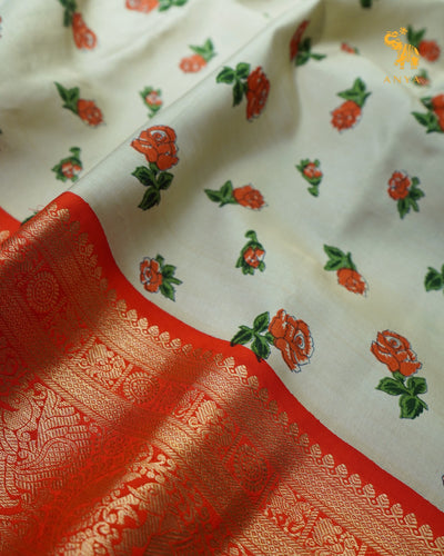 Pastel Green Printed Kanchi Silk Saree with Floral Printed Design