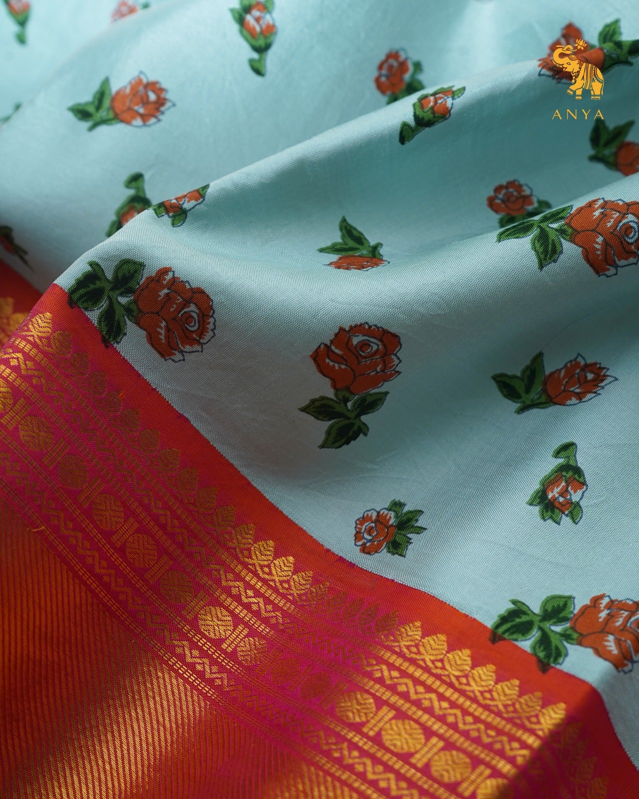 Powder Blue Printed Kanchi Silk Saree with Floral Printed Design