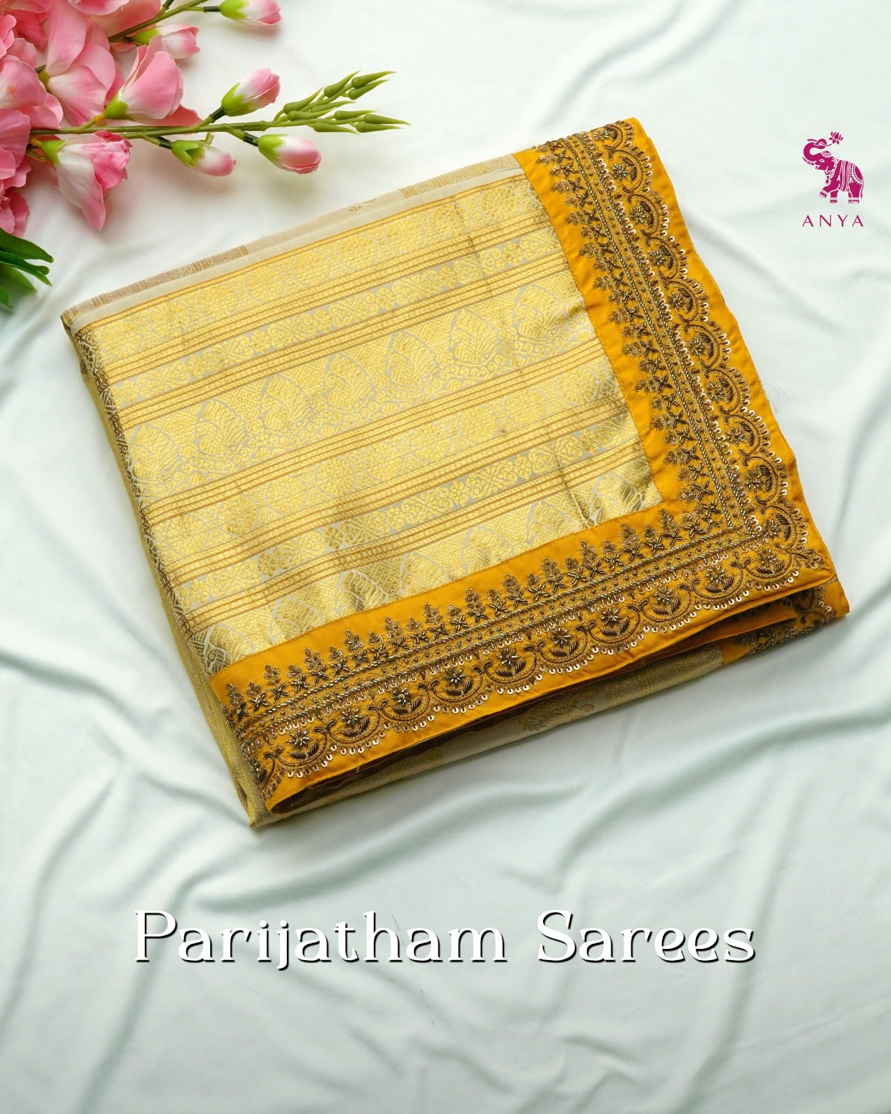 Mango Yellow Kanchi Silk Saree with Cross Zari Butta Design