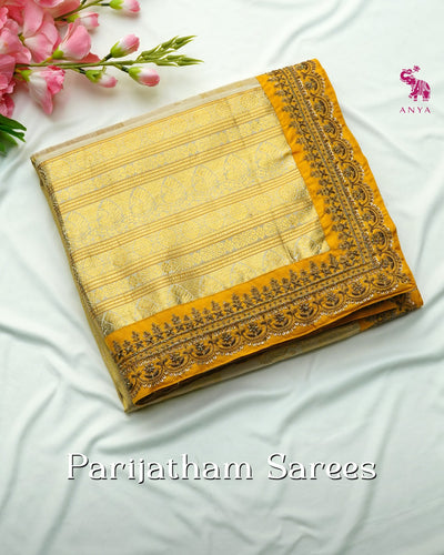 Mango Yellow Kanchi Silk Saree with Cross Zari Butta Design