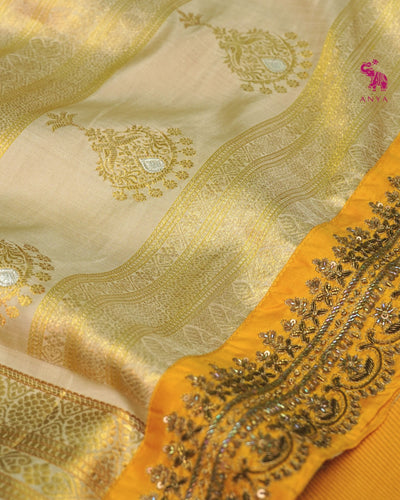 Mango Yellow Kanchi Silk Saree with Cross Zari Butta Design