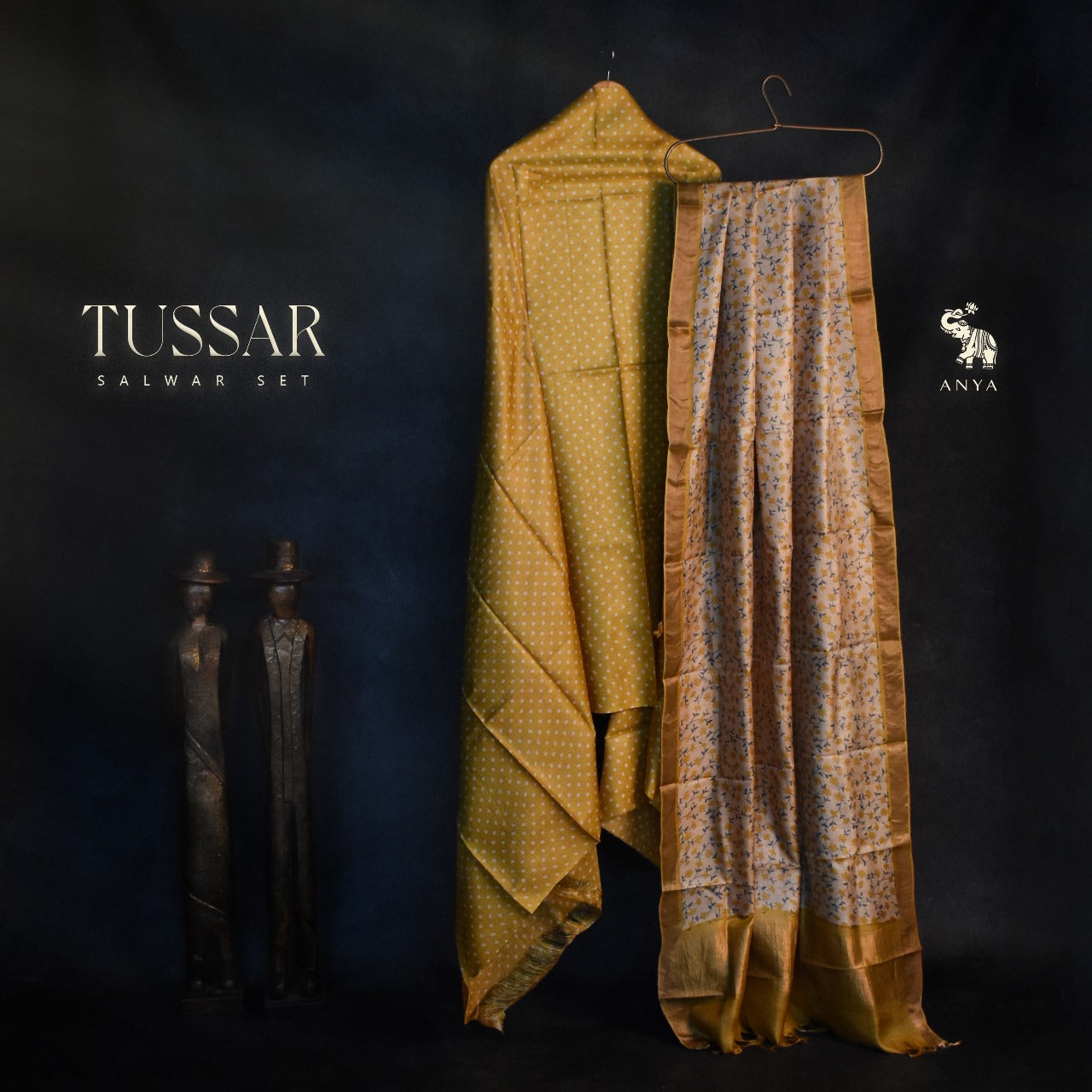 Mustard Tussar Silk Salwar with Off White Floral Creeper Dupatta