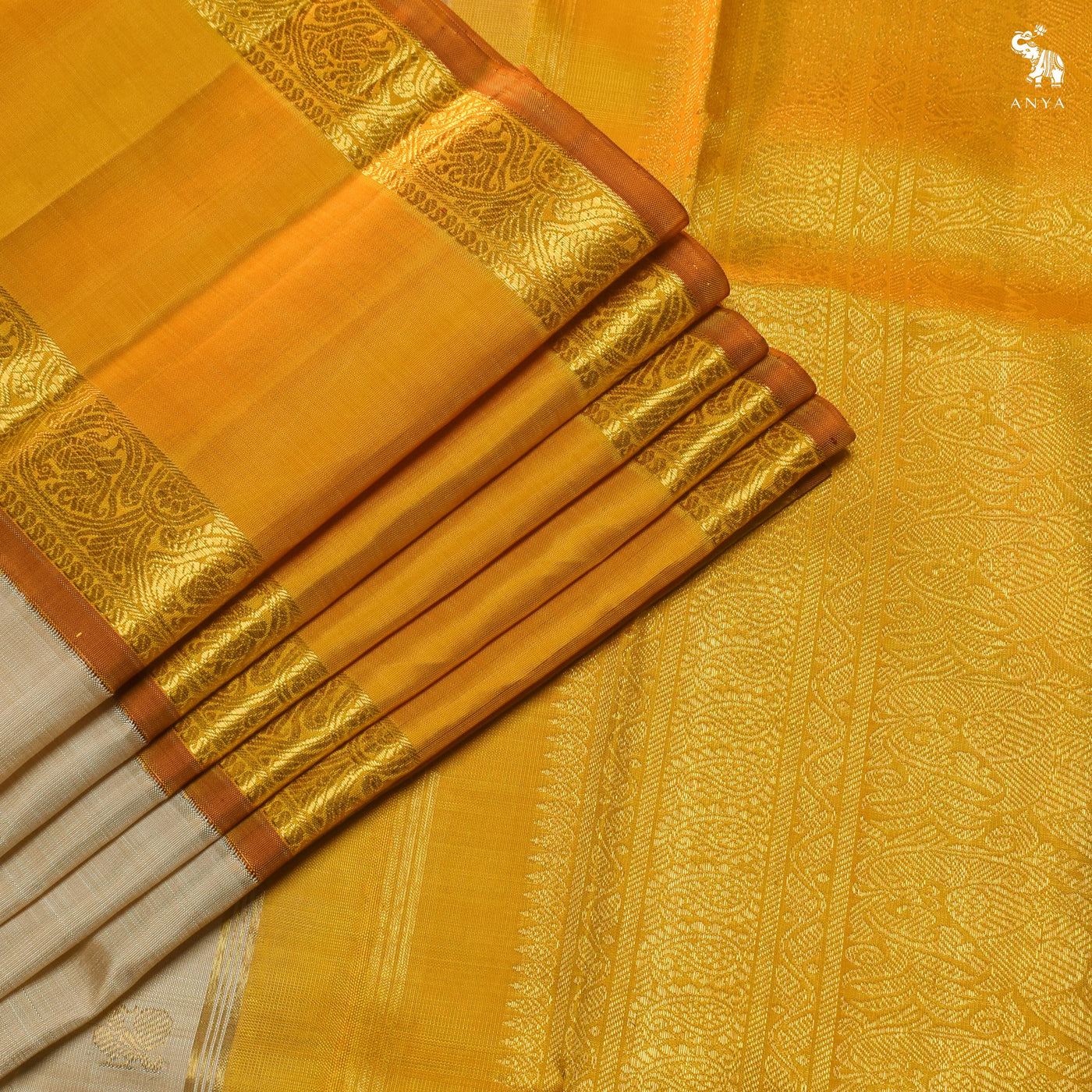 Off White Kanchipuram Silk Saree with Annam Design