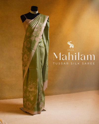 Apple Green Tussar Silk Saree with Floral Printed Design