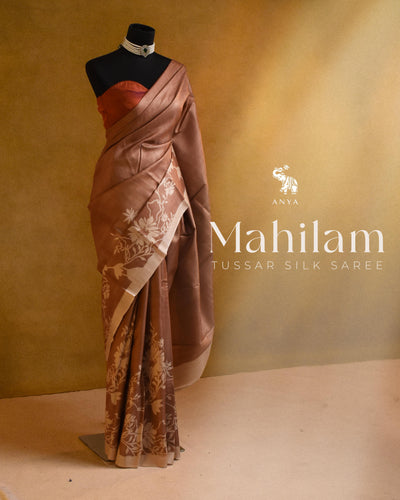 Light Brown Tussar Silk Saree with Floral Printed Design