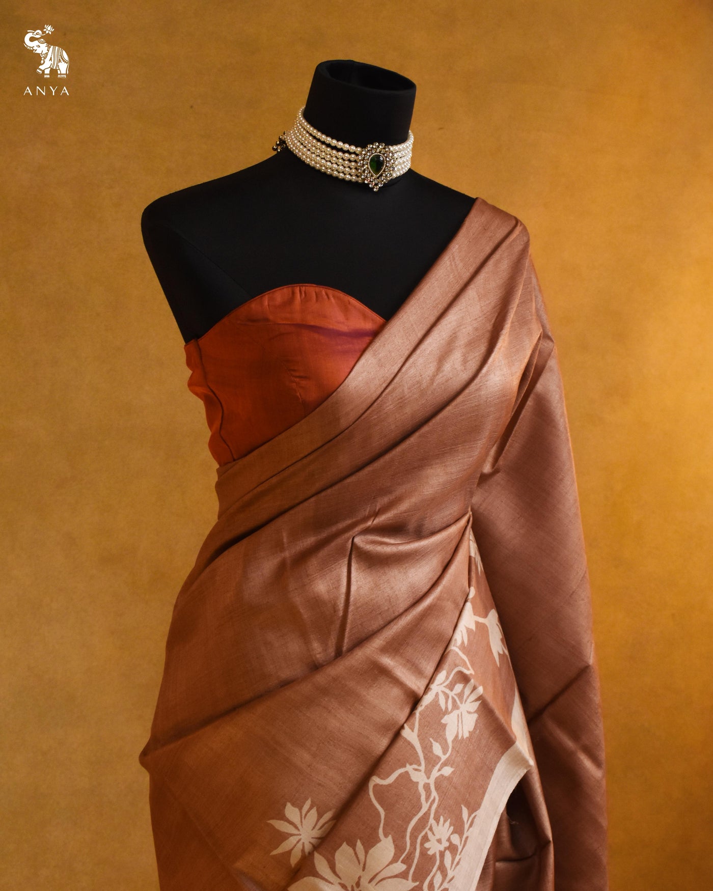 Light Brown Tussar Silk Saree with Floral Printed Design