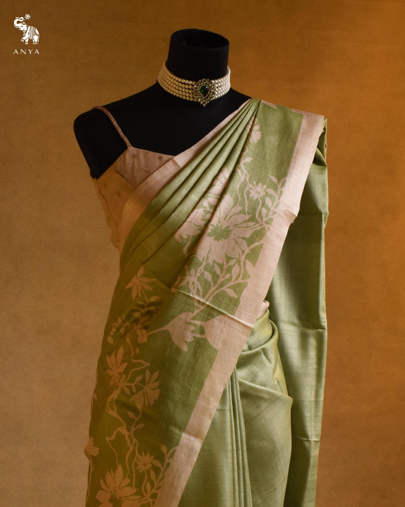 Apple Green Tussar Silk Saree with Floral Printed Design