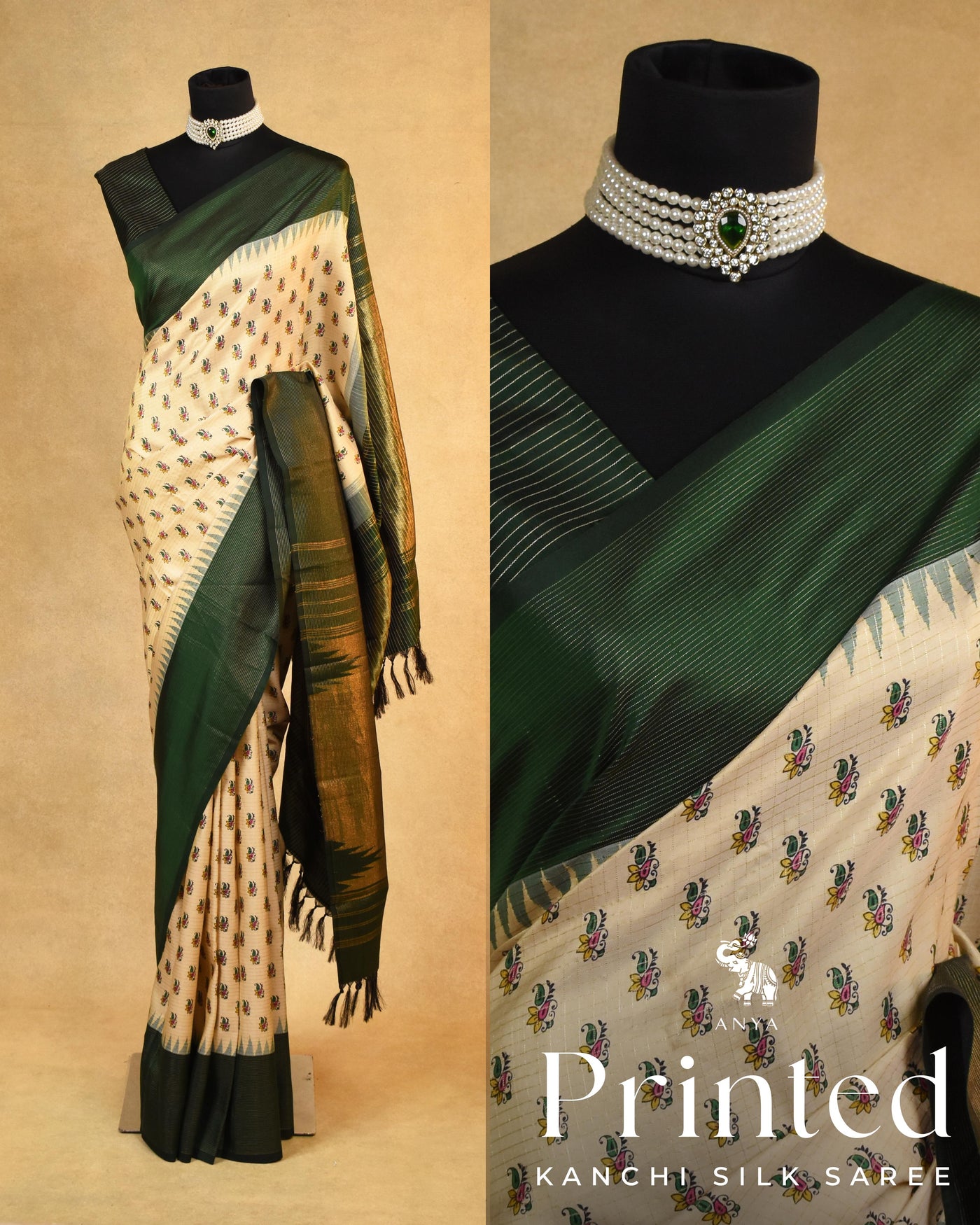 Off White Printed Kanchi Silk Saree with Small Print and Small Zari Checks Design