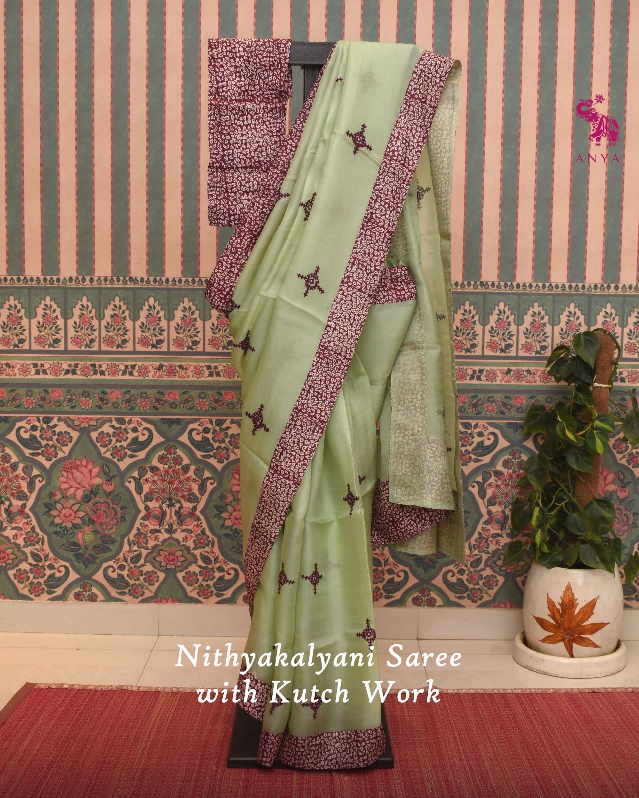 Apple Green Organza Saree with V Pakku Kutch Work Design