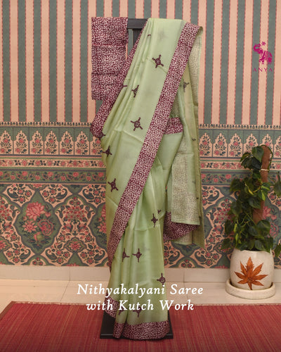 Apple Green Organza Saree with V Pakku Kutch Work Design