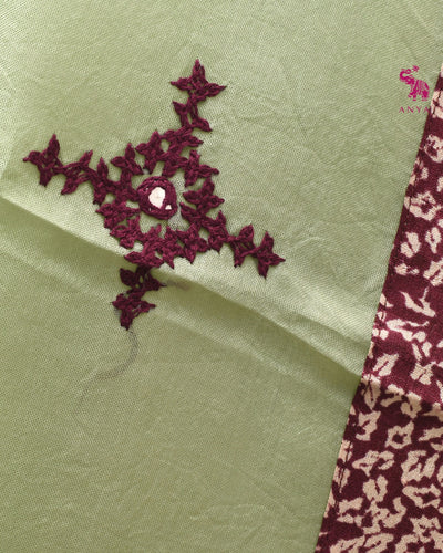 Apple Green Organza Saree with V Pakku Kutch Work Design