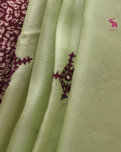 Apple Green Organza Saree with V Pakku Kutch Work Design