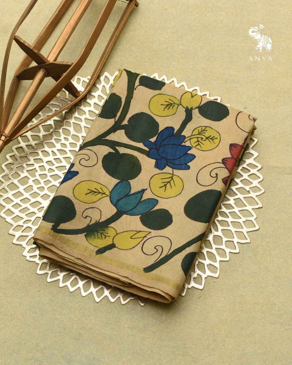 Off White Pen Kalamkari Kanchi Silk Fabric