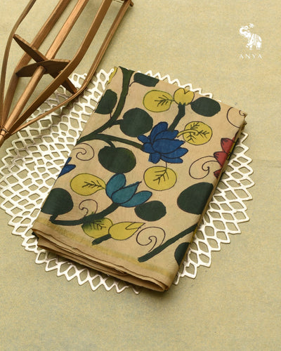 Off White Pen Kalamkari Kanchi Silk Fabric
