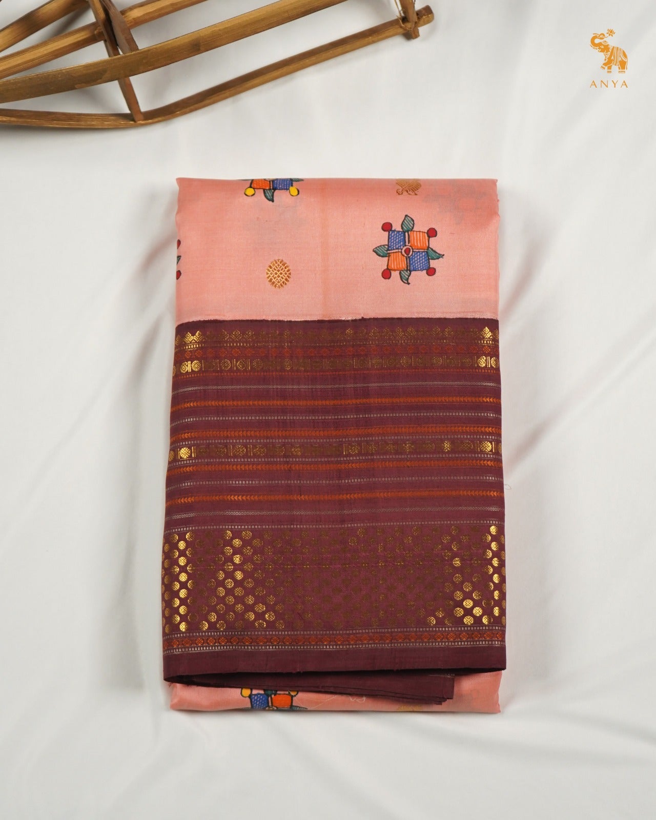 Peach Madhubani Kanchi Silk Saree with Brown Getti Self Pallu and Blouse