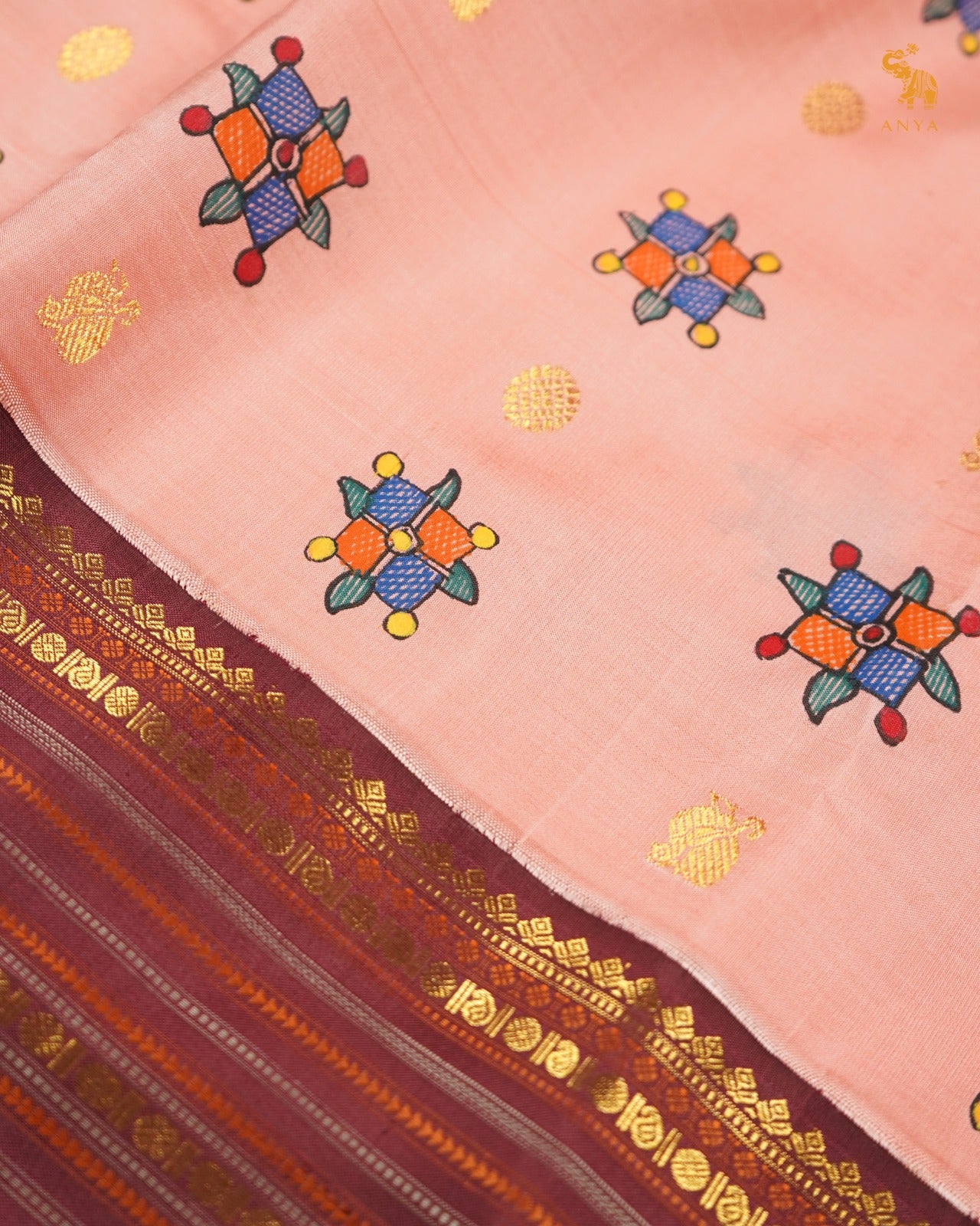 Peach Madhubani Kanchi Silk Saree with Brown Getti Self Pallu and Blouse