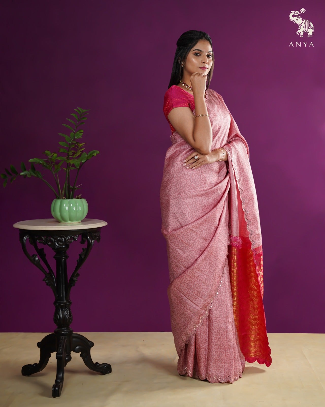 Onion Pink Printed Kanchi Silk Saree with Mirror Work Design