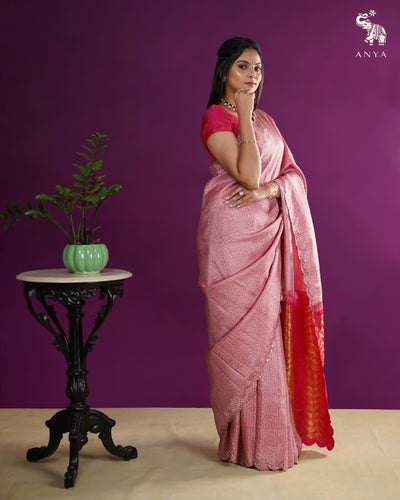 Onion Pink Printed Kanchi Silk Saree with Mirror Work Design