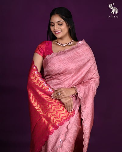 Onion Pink Printed Kanchi Silk Saree with Mirror Work Design