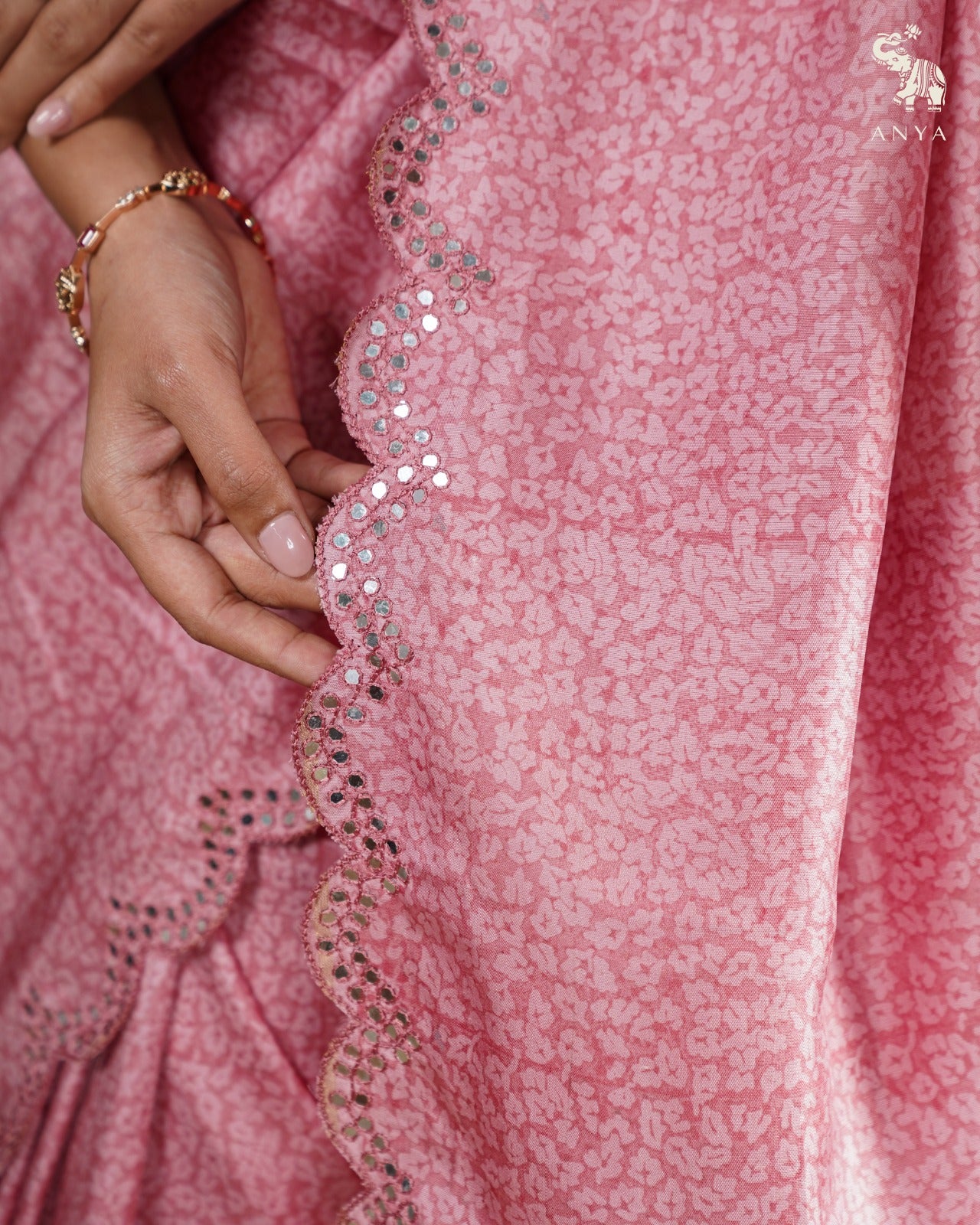 Onion Pink Printed Kanchi Silk Saree with Mirror Work Design