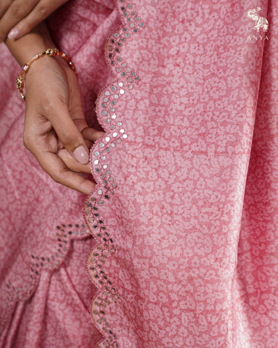 Onion Pink Printed Kanchi Silk Saree with Mirror Work Design