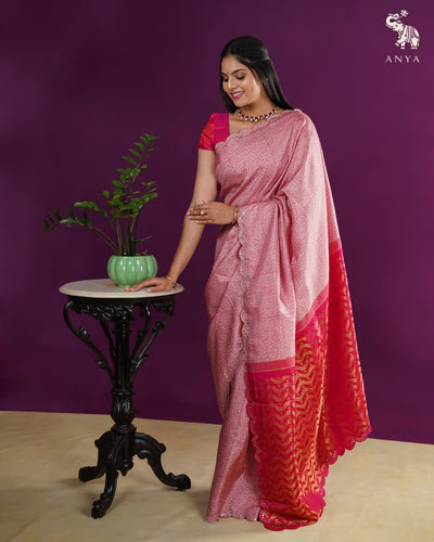 Onion Pink Printed Kanchi Silk Saree with Mirror Work Design