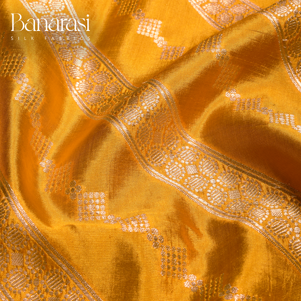 Oil Mustard Banarasi Silk Fabric with Cross Stripes Design