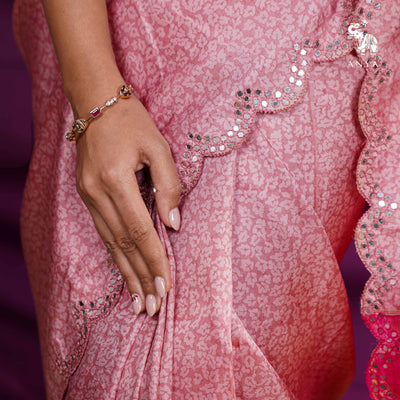 Onion Pink Printed Kanchi Silk Saree with Mirror Work Design