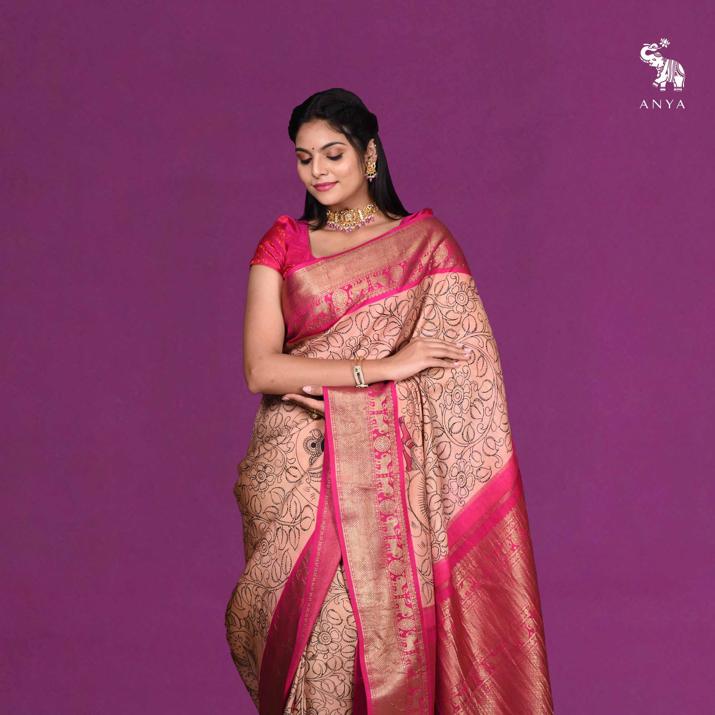 Peach Pen Kalamkari Kanchi Silk Saree with Floral Creeper and Dancing Doll Design