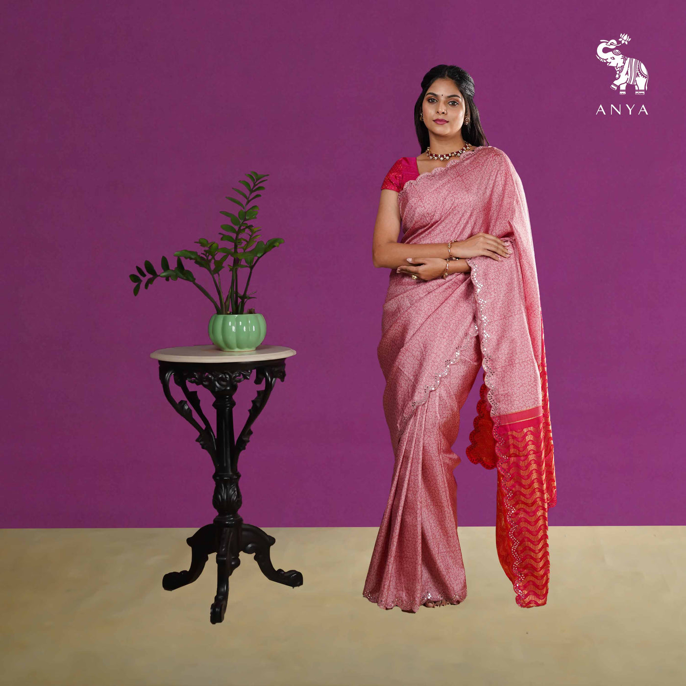 Onion Pink Printed Kanchi Silk Saree with Mirror Work Design