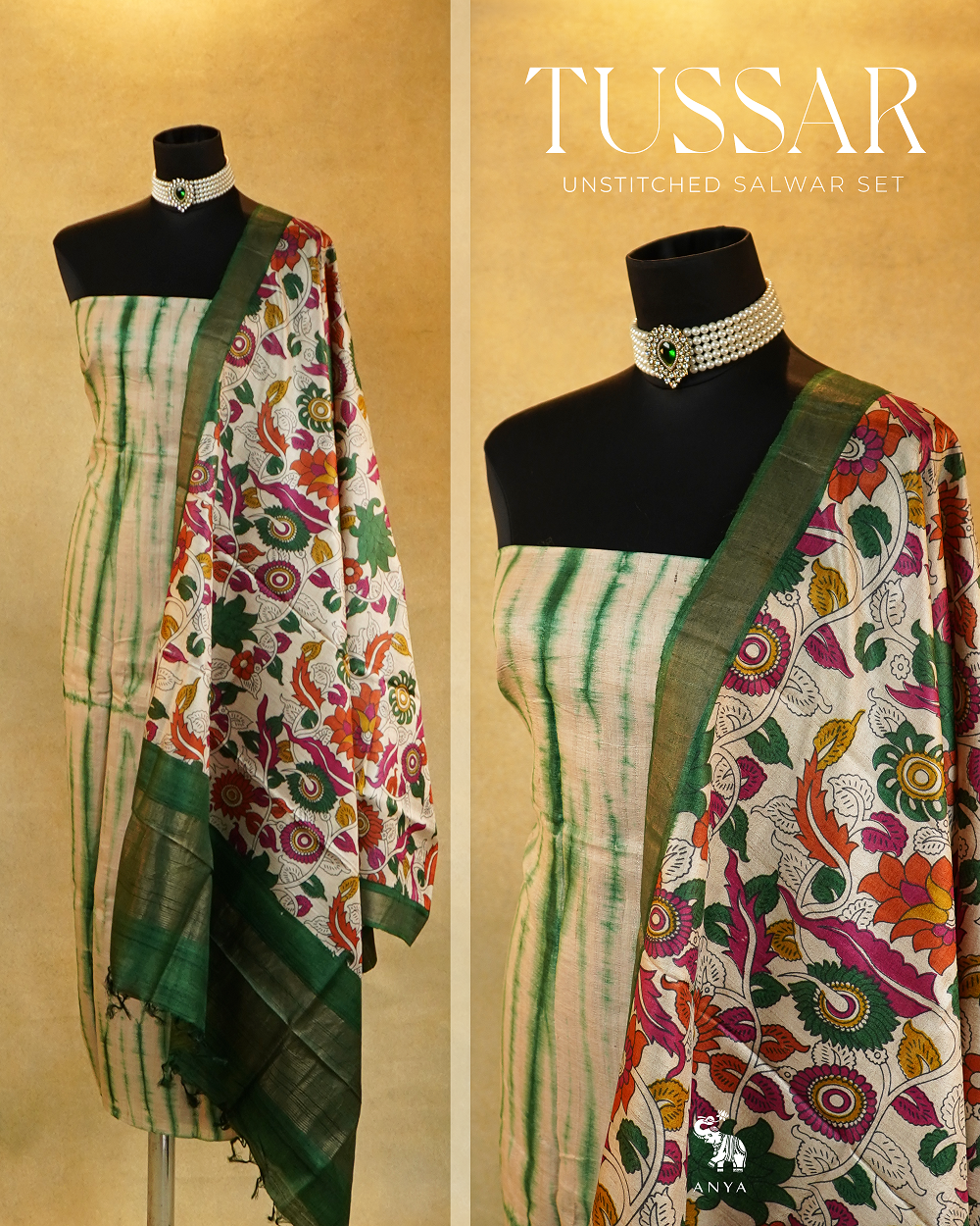 Green Shibori Print Tussar Silk Salwar with Off White Kalamkari Print Dupatta