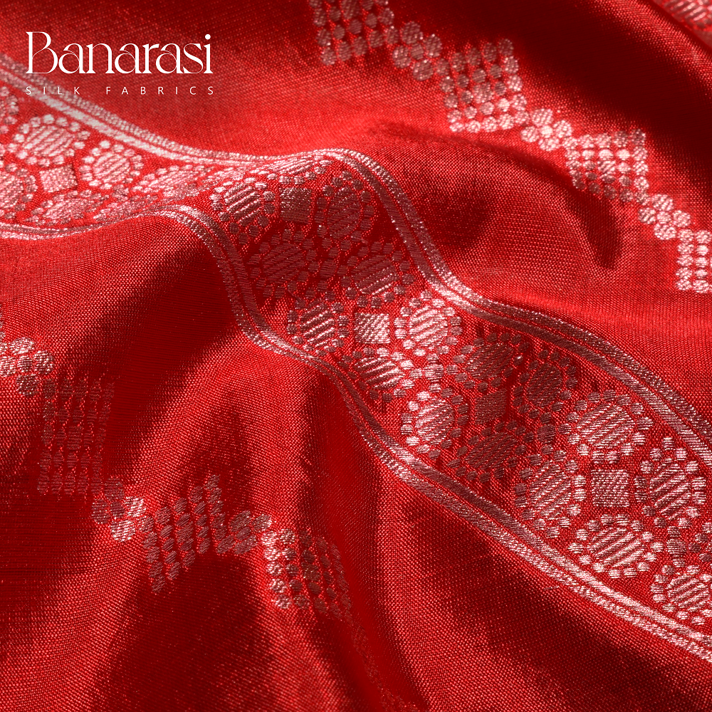 Red Banarasi Silk Fabric with Cross Stripes Design