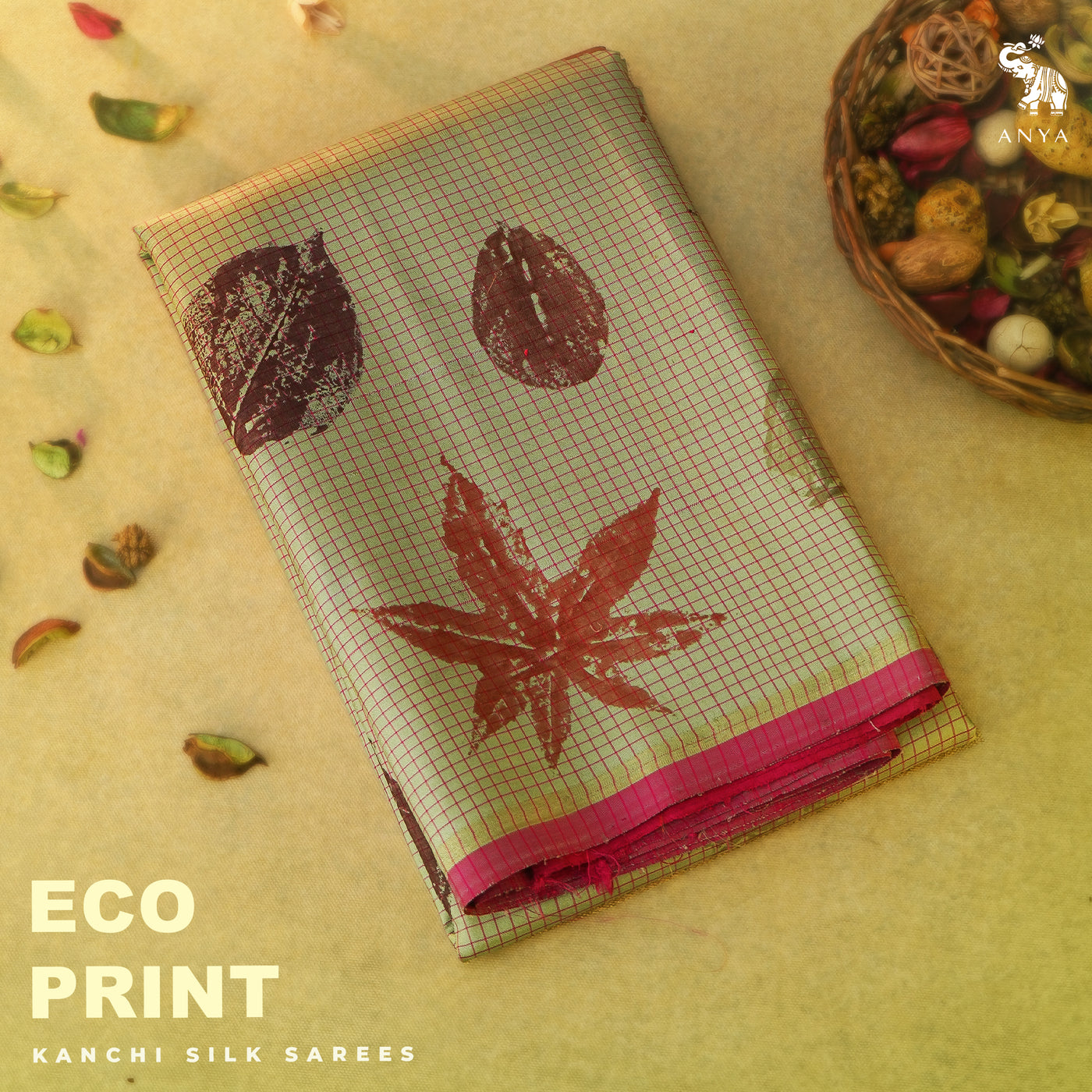 Apple Green Eco Print Kanchi Silk Saree