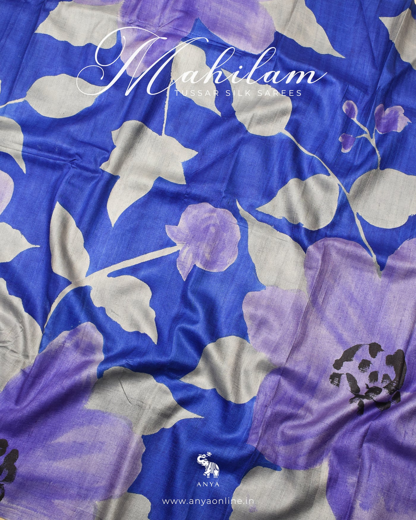 Indigo Blue Tussar Silk Saree with Floral Design