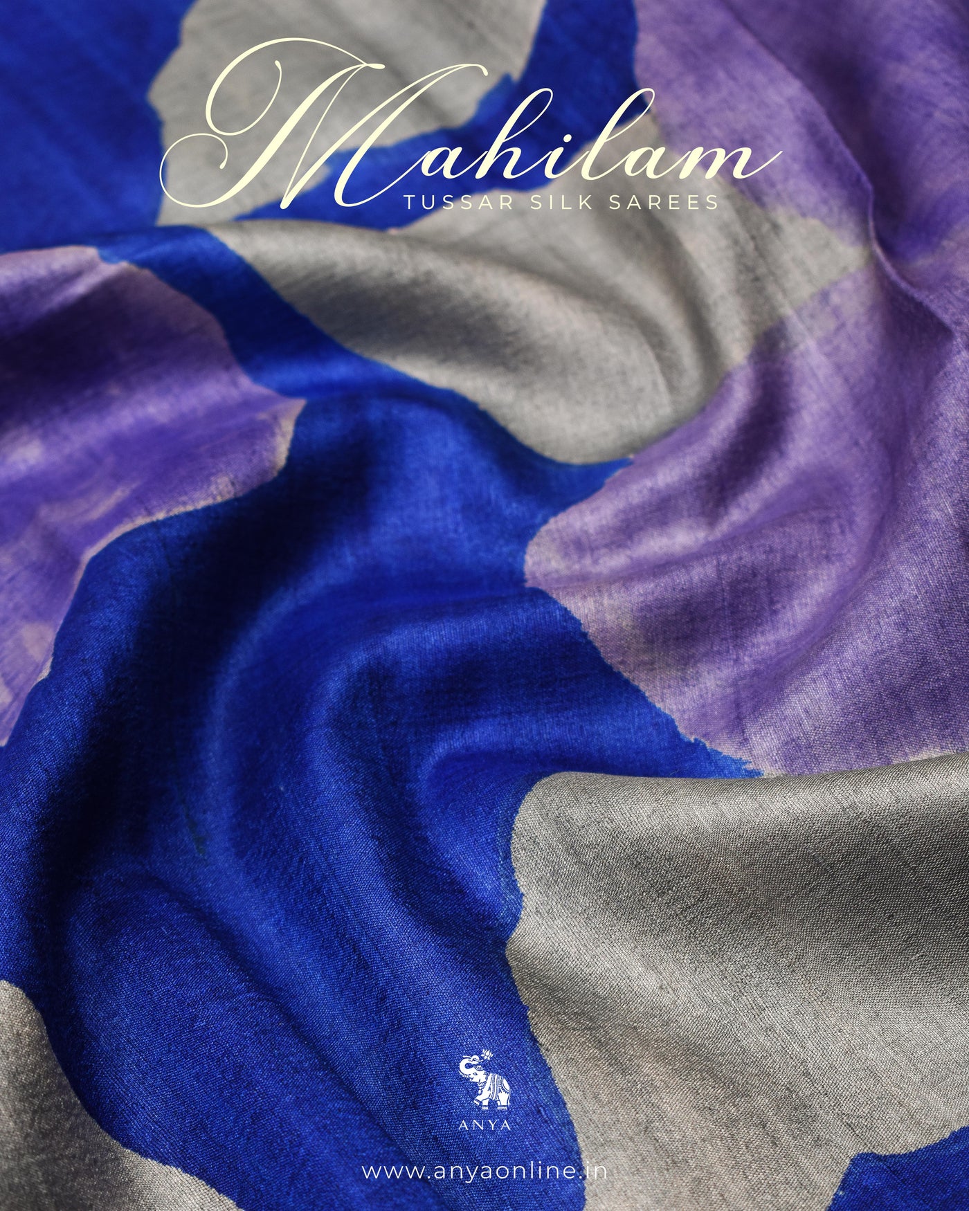 Indigo Blue Tussar Silk Saree with Floral Design