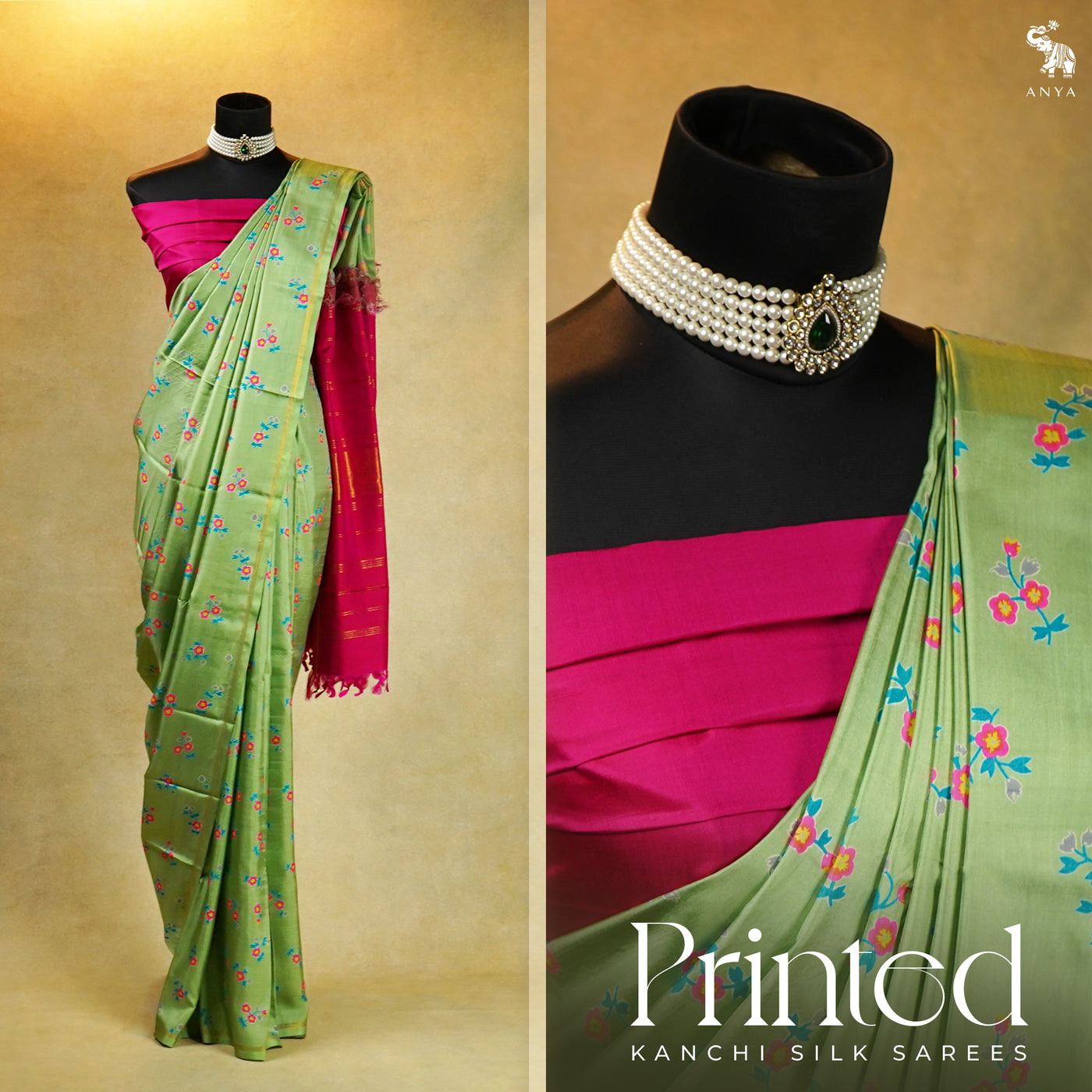 Apple Green Printed Kanchi Silk Saree with Floral Printed Design