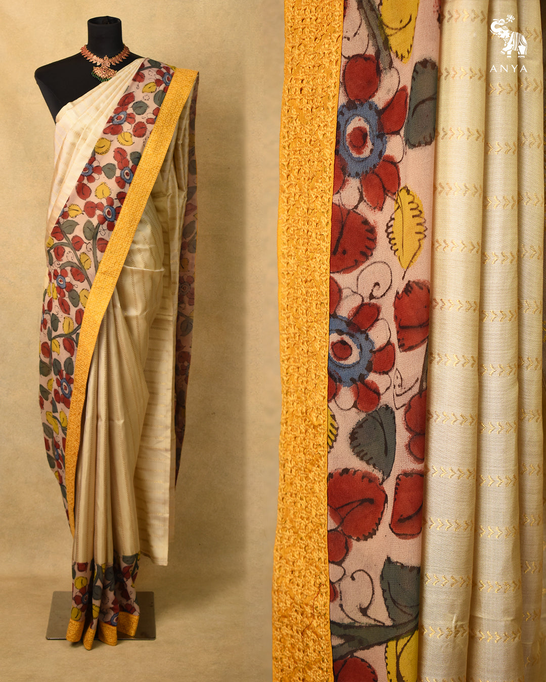 Off White Kathir Lines Kanchi Silk Saree with Yellow Kanchi Silk Plain Blouse