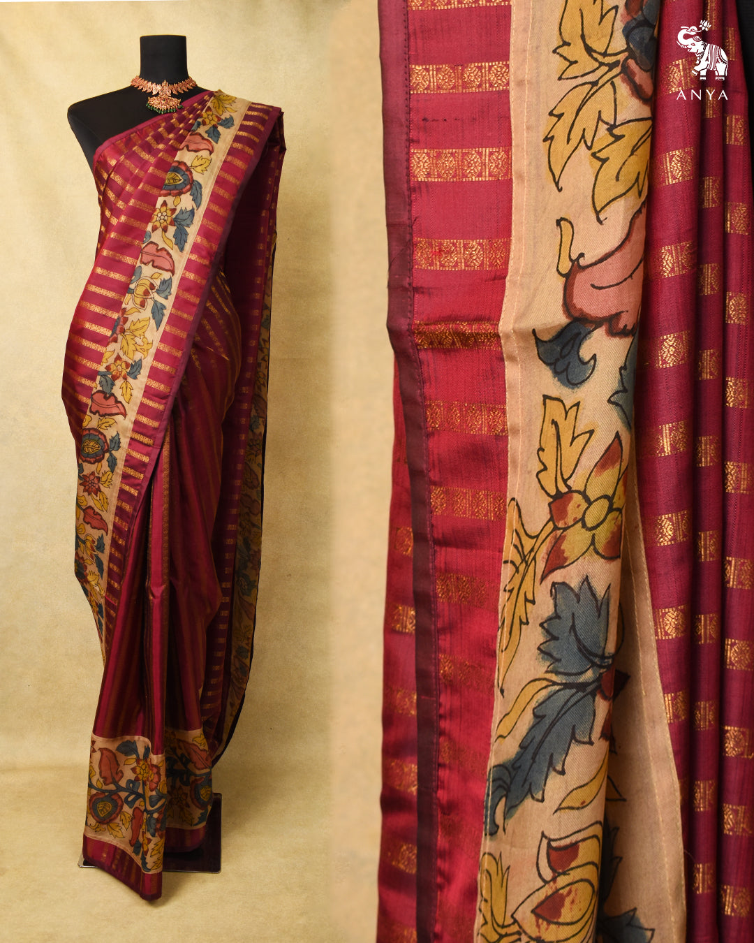 Maroon Rudhraksham Kanchi Silk Saree with Off White Kalamkari Border