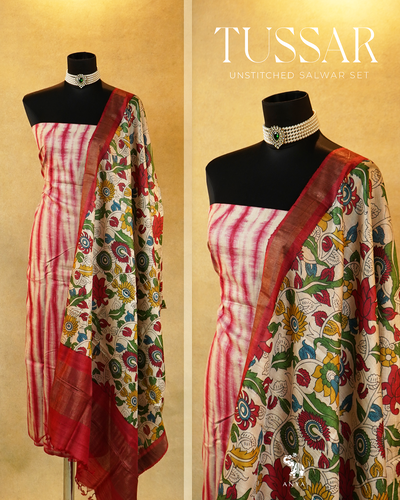 Red Shibori Print Tussar Silk Salwar with Red Kalamkari Print Dupatta