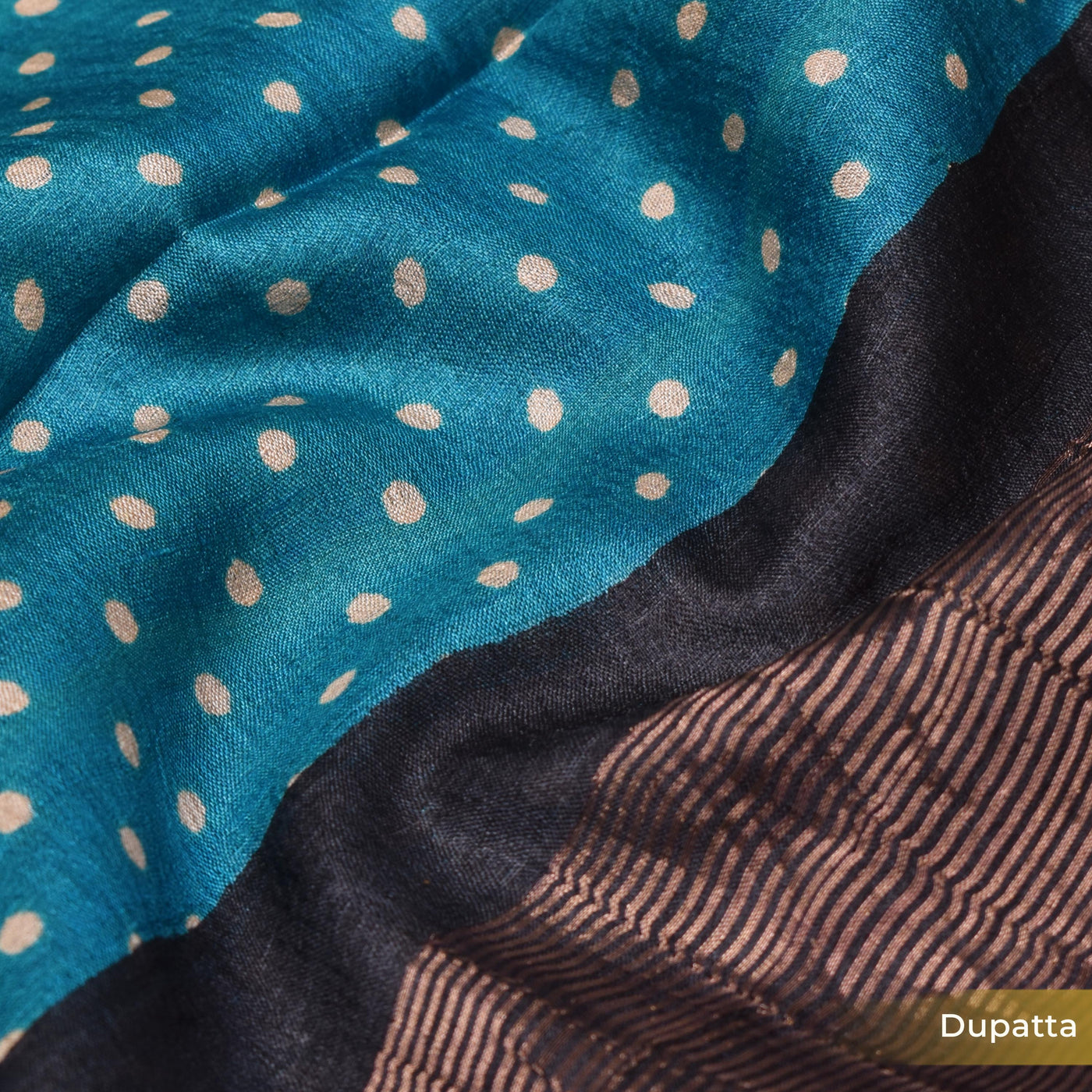 Black Floral Print Tussar Silk Salwar with Blue Dots Dupatta